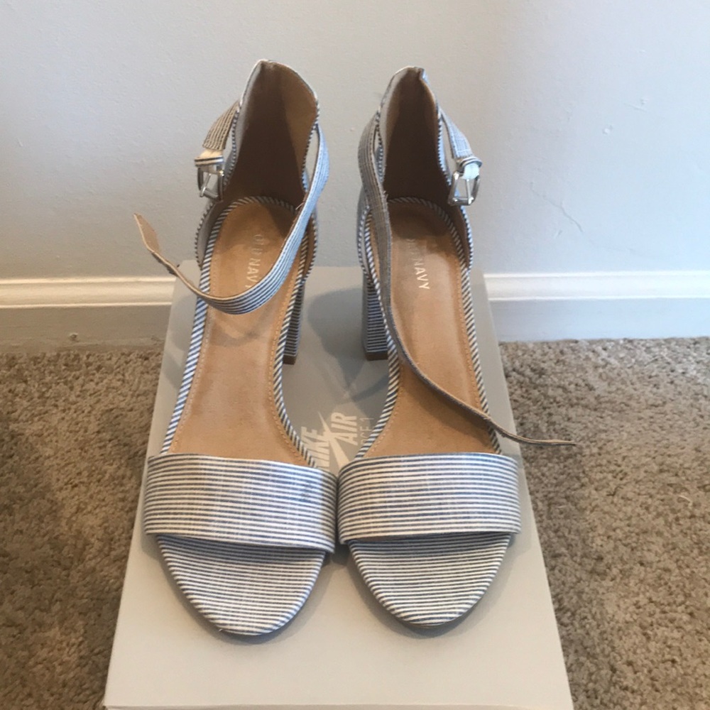 Blue and White pinstripe block heel